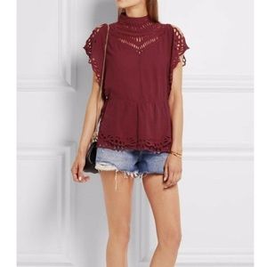 IRO wine jala  broderie anglaise eyelet lace high-neck split sleeve top 38/4